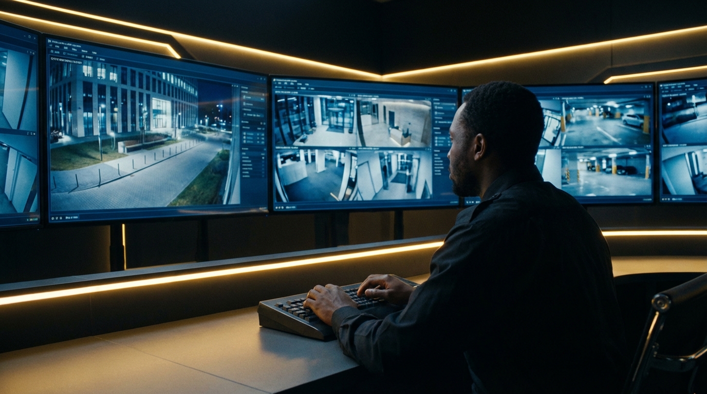 Agent de sécurité surveillant des écrans de vidéosurveillance